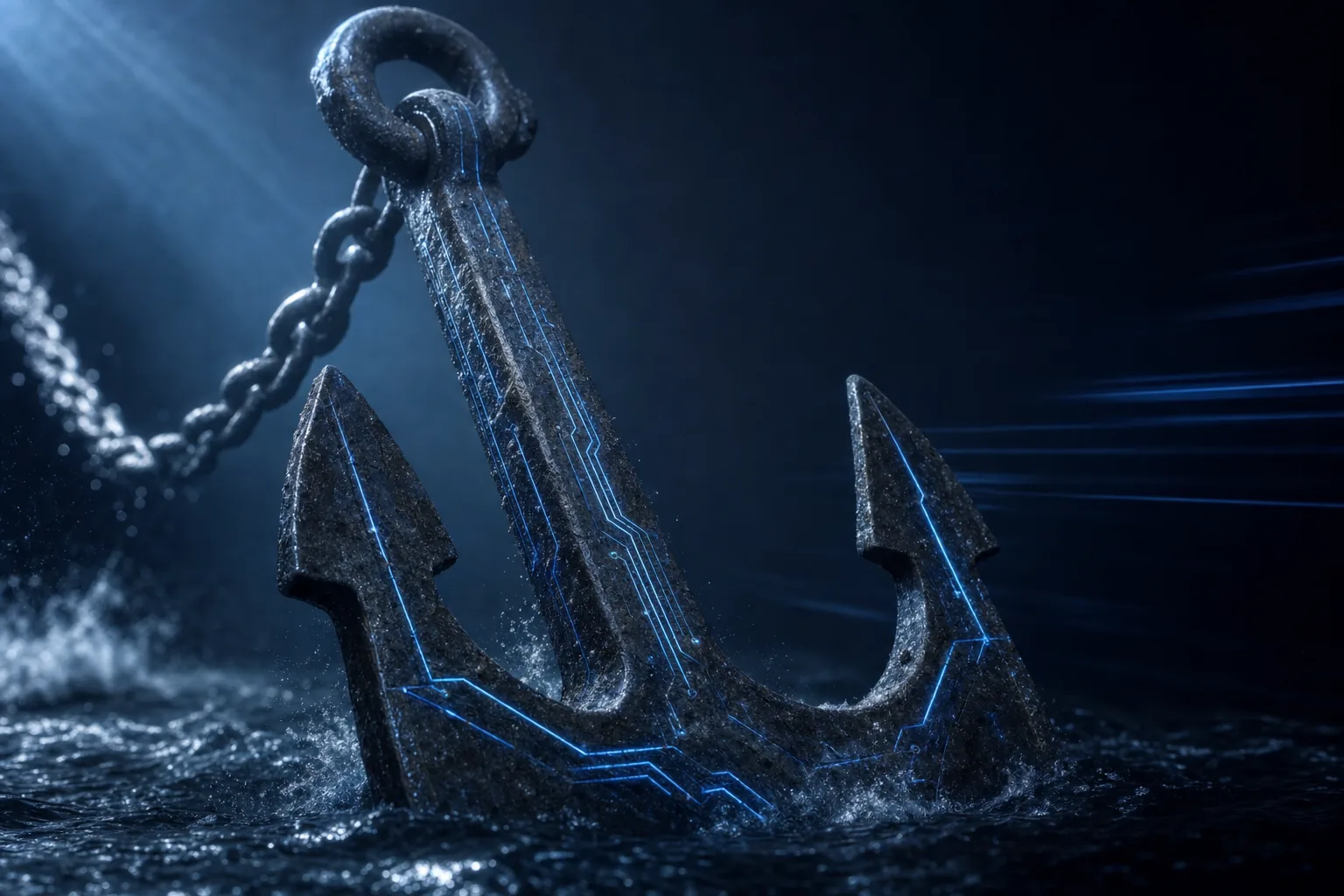 A weathered steel anchor in dark water with circuit traces glowing along its shank